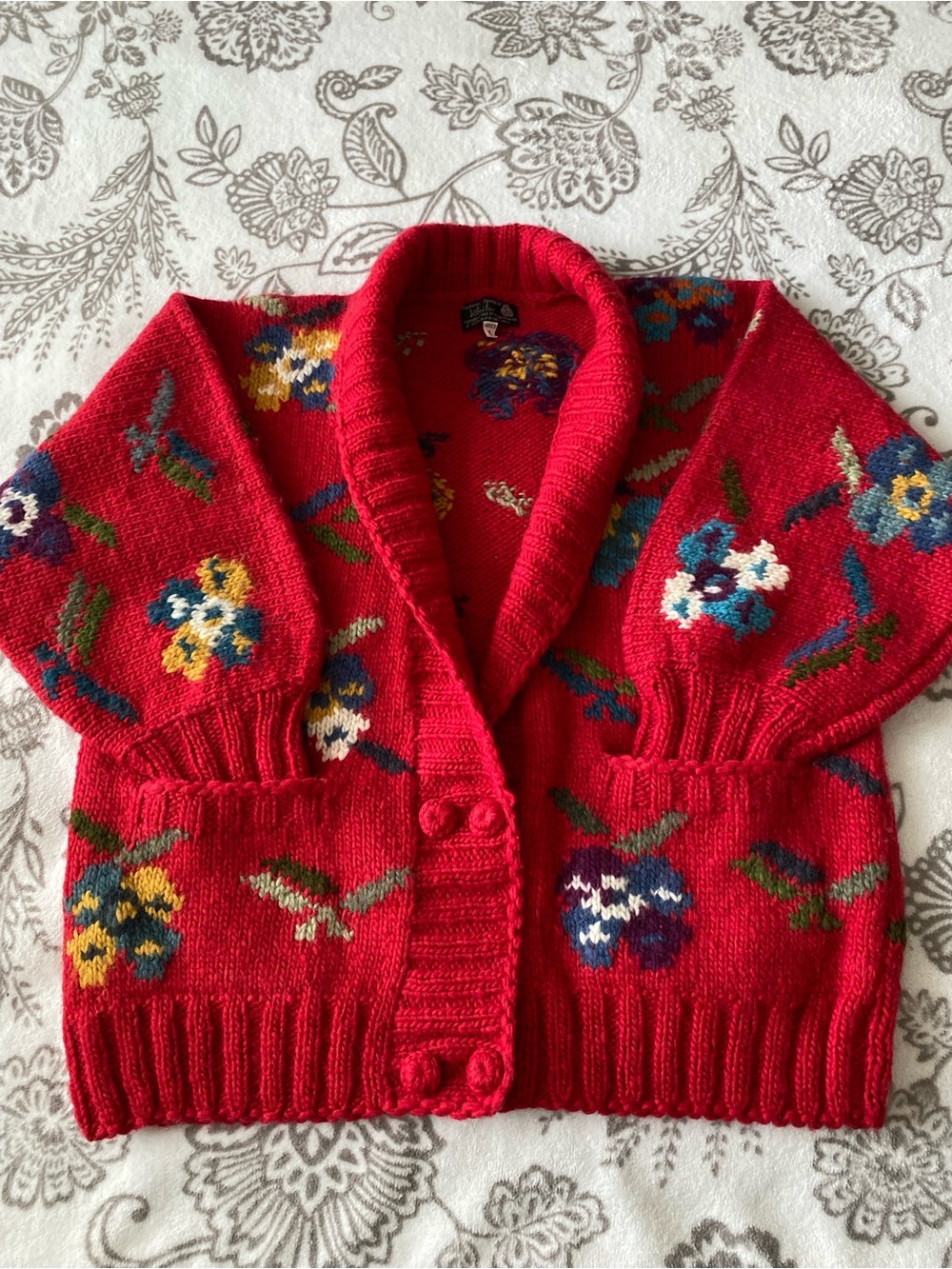 Vintage Dobrila Smiljanic Yugoslavia Hand Knit Wool Floral Shawl Cardigan